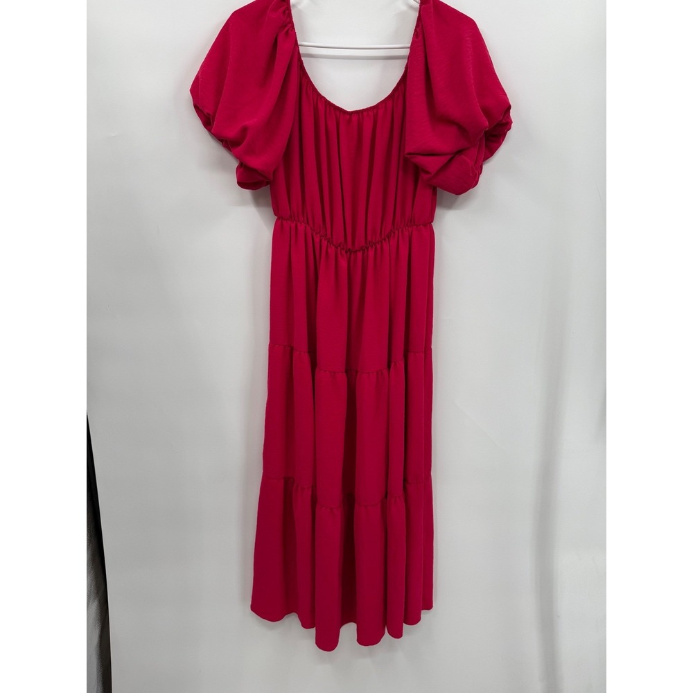 See You Monday Small Tiered Midi Dress Womens Magenta Pink Puff‎ Sleeve Romantic
